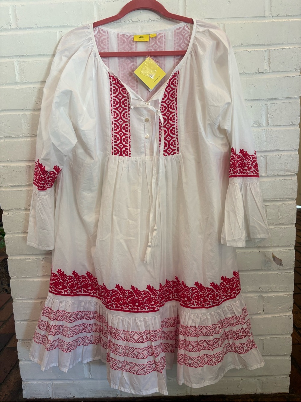 Roller Rabbit White Cotton Dress with Red Embroidery